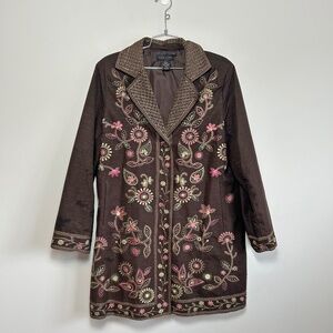 Silkland Boho Silk Floral Embroidered Jacket - Brown, Size XL